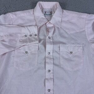 VINTAGE H Bar C Shirt Mens Large Pink Pearl Snap Geometric 16-35 USA 70s 80s
